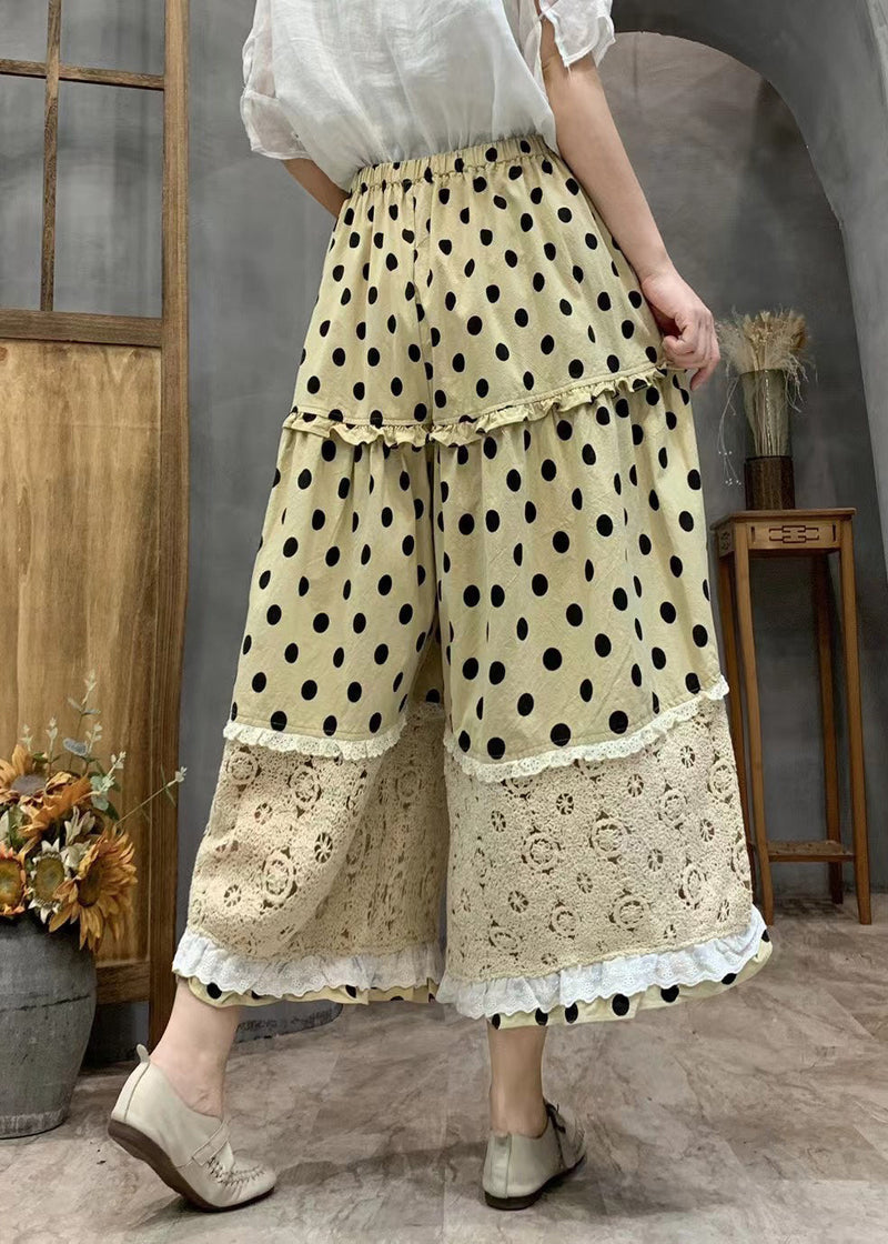 Yellow Dot Print Ruffled Patchwork Elastic Waist Crop Wide Leg Pants Vv067