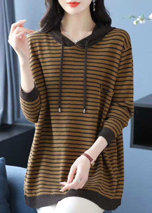 Yellow Hooded Striped Woolen Knit Sweaters Winter Rl028