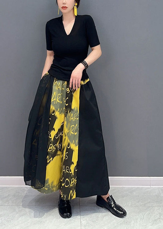 Yellow Letter Print Pockets Cotton Wide Leg Pants Spring Ly1592