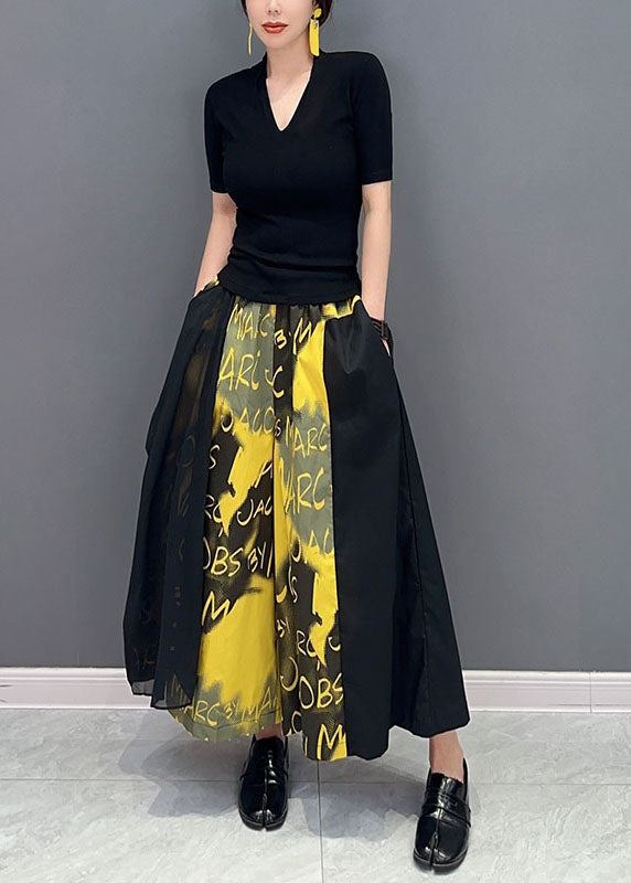 Yellow Letter Print Pockets Cotton Wide Leg Pants Spring Ly1592