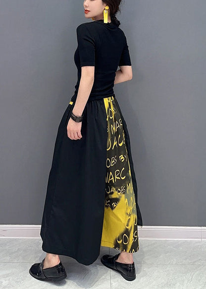 Yellow Letter Print Pockets Cotton Wide Leg Pants Spring Ly1592