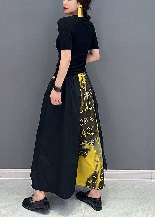 Yellow Letter Print Pockets Cotton Wide Leg Pants Spring Ly1592