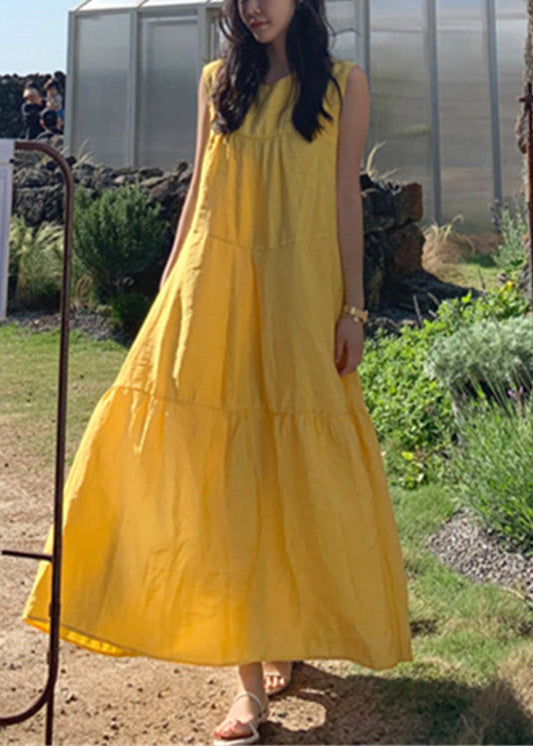 Yellow O-neck Patchwork Cotton Maxi Dresses Sleeveless Lc0064