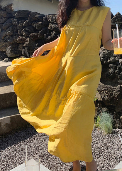 Yellow O-neck Patchwork Cotton Maxi Dresses Sleeveless Lc0064
