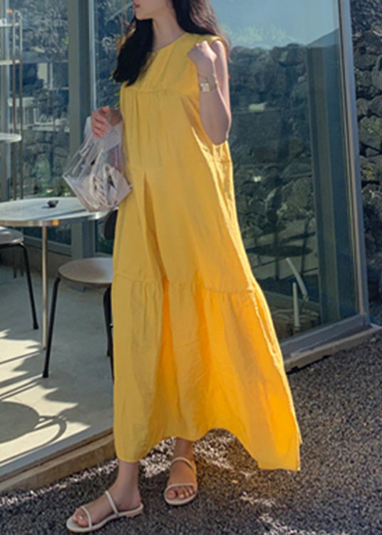 Yellow O-neck Patchwork Cotton Maxi Dresses Sleeveless Lc0064