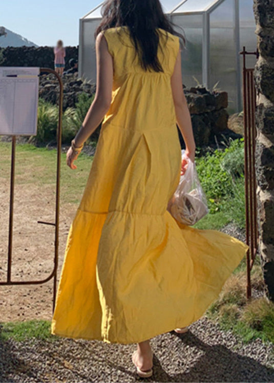 Yellow O-neck Patchwork Cotton Maxi Dresses Sleeveless Lc0064