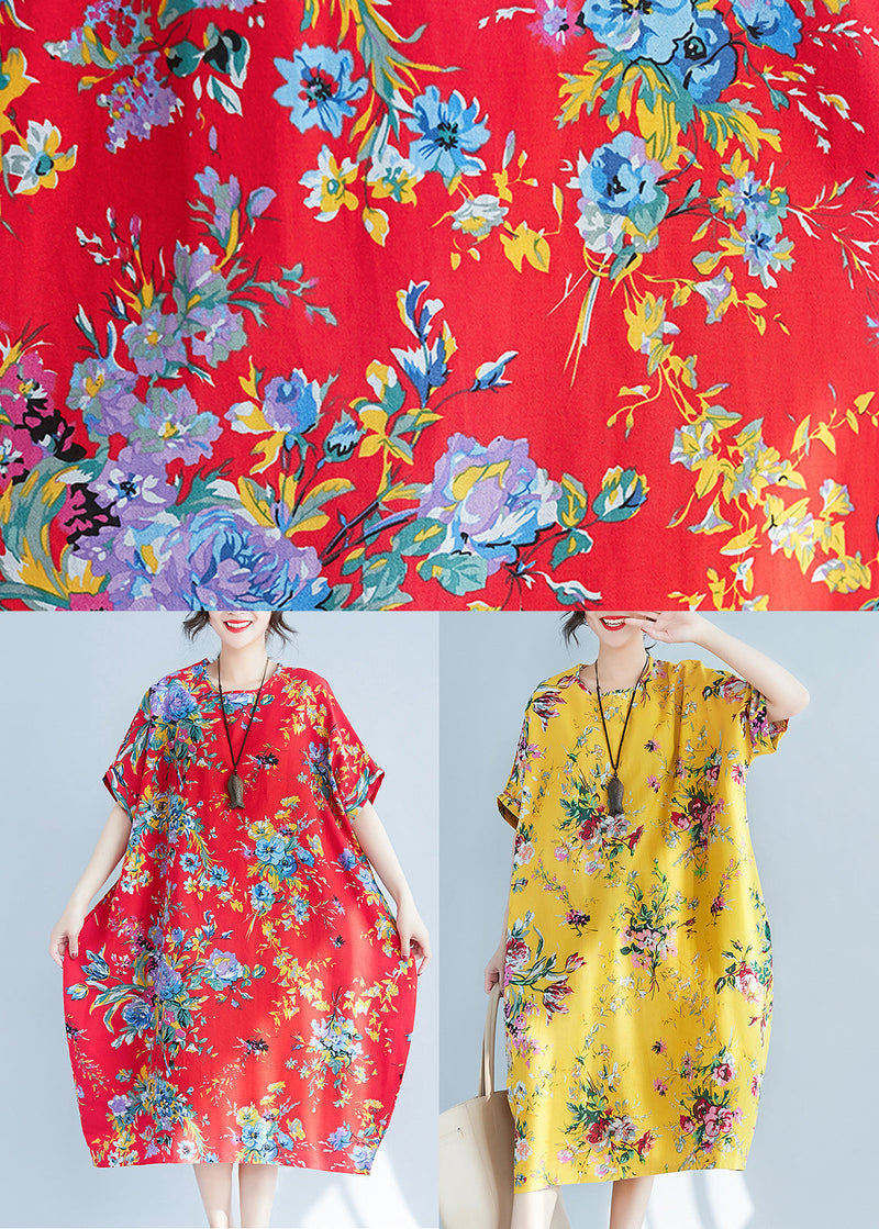 Red Print Cotton Long Dress Oversized Pockets Summer Ly0907