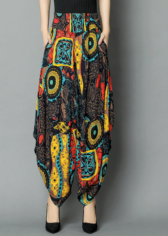 Yellow Pockets Print Elastic Waist Crop Pants Summer Tq1040