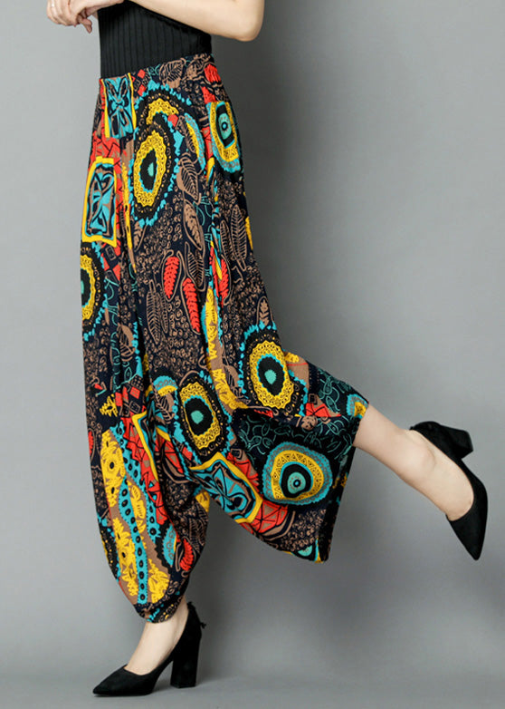 Yellow Pockets Print Elastic Waist Crop Pants Summer Tq1040