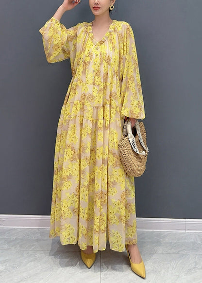 Yellow V Neck Ruffled Print Chiffon Long Dresses Fall Ao1069