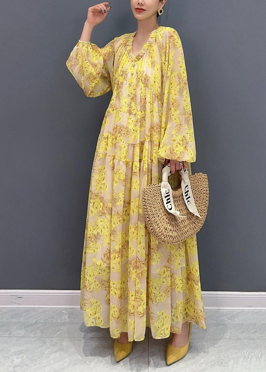Yellow V Neck Ruffled Print Chiffon Long Dresses Fall Ay1015