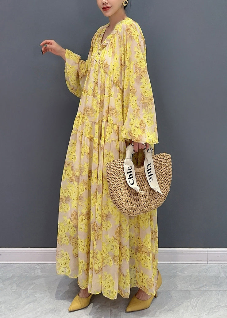 Yellow V Neck Ruffled Print Chiffon Long Dresses Fall Ay1015
