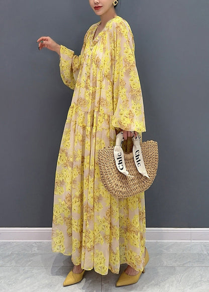 Yellow V Neck Ruffled Print Chiffon Long Dresses Fall Ao1069