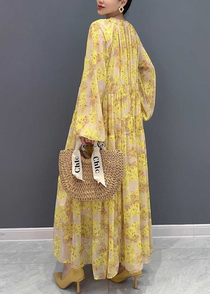Yellow V Neck Ruffled Print Chiffon Long Dresses Fall Ay1015