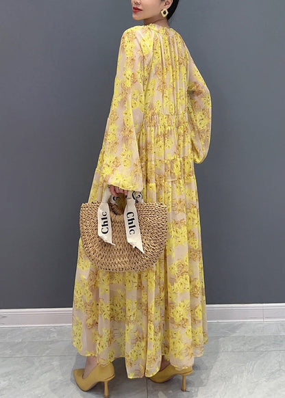 Yellow V Neck Ruffled Print Chiffon Long Dresses Fall Ao1069