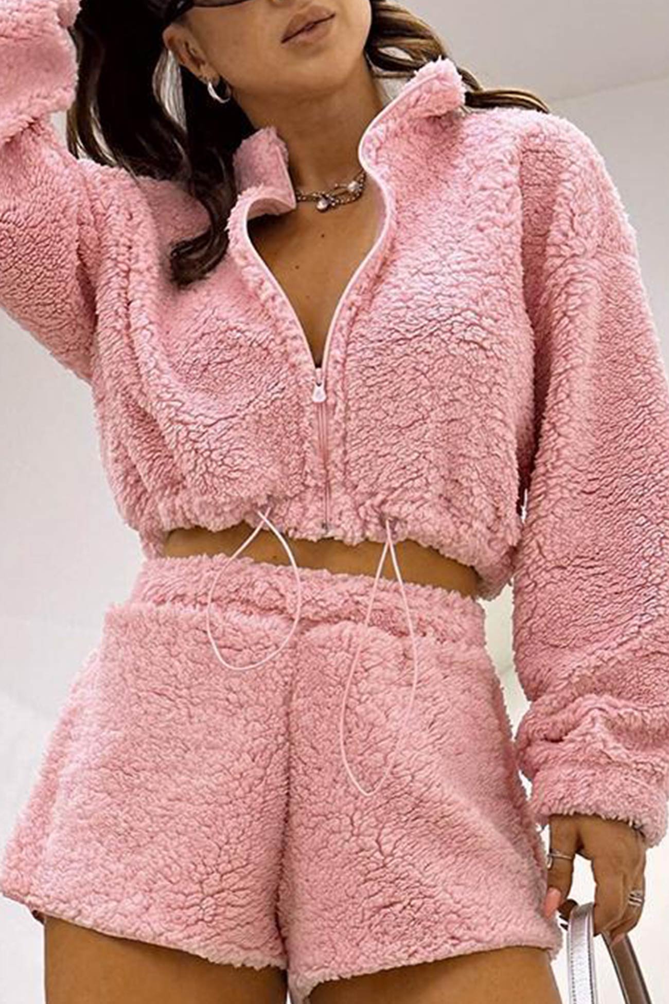 Plush Drawstring Crop Hoodie Shorts Set