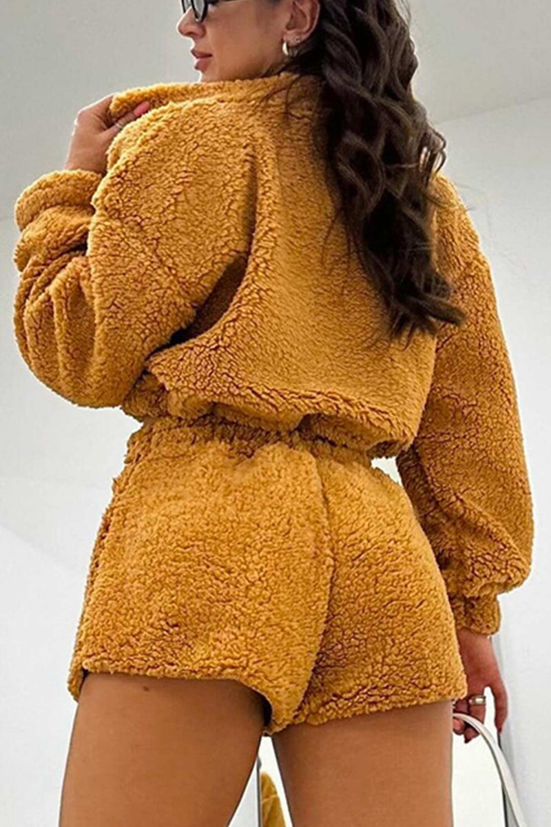 Plush Drawstring Crop Hoodie Shorts Set