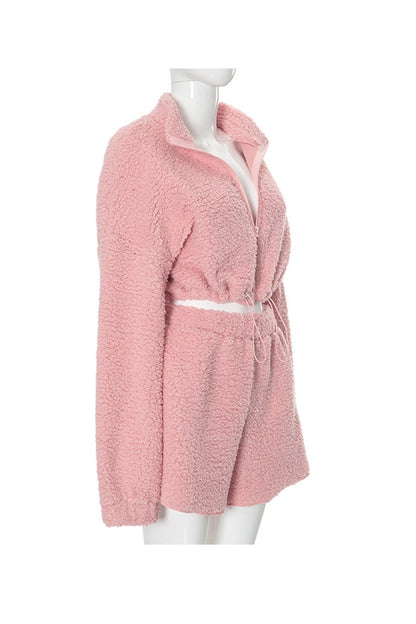 Plush Drawstring Crop Hoodie Shorts Set