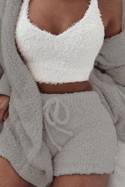 Plush Open-front Hoodie Vest Three Piece Shorts Set
