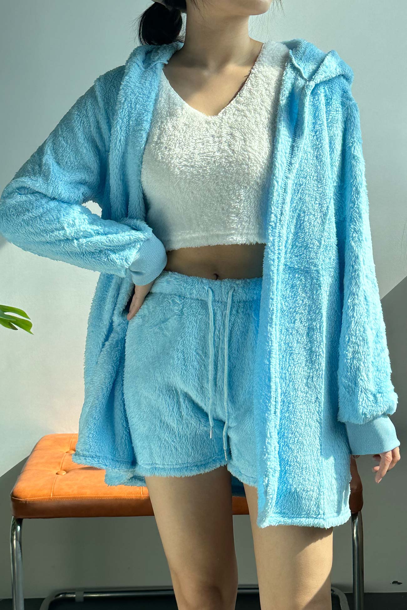 Plush Open-front Hoodie Vest Three Piece Shorts Set
