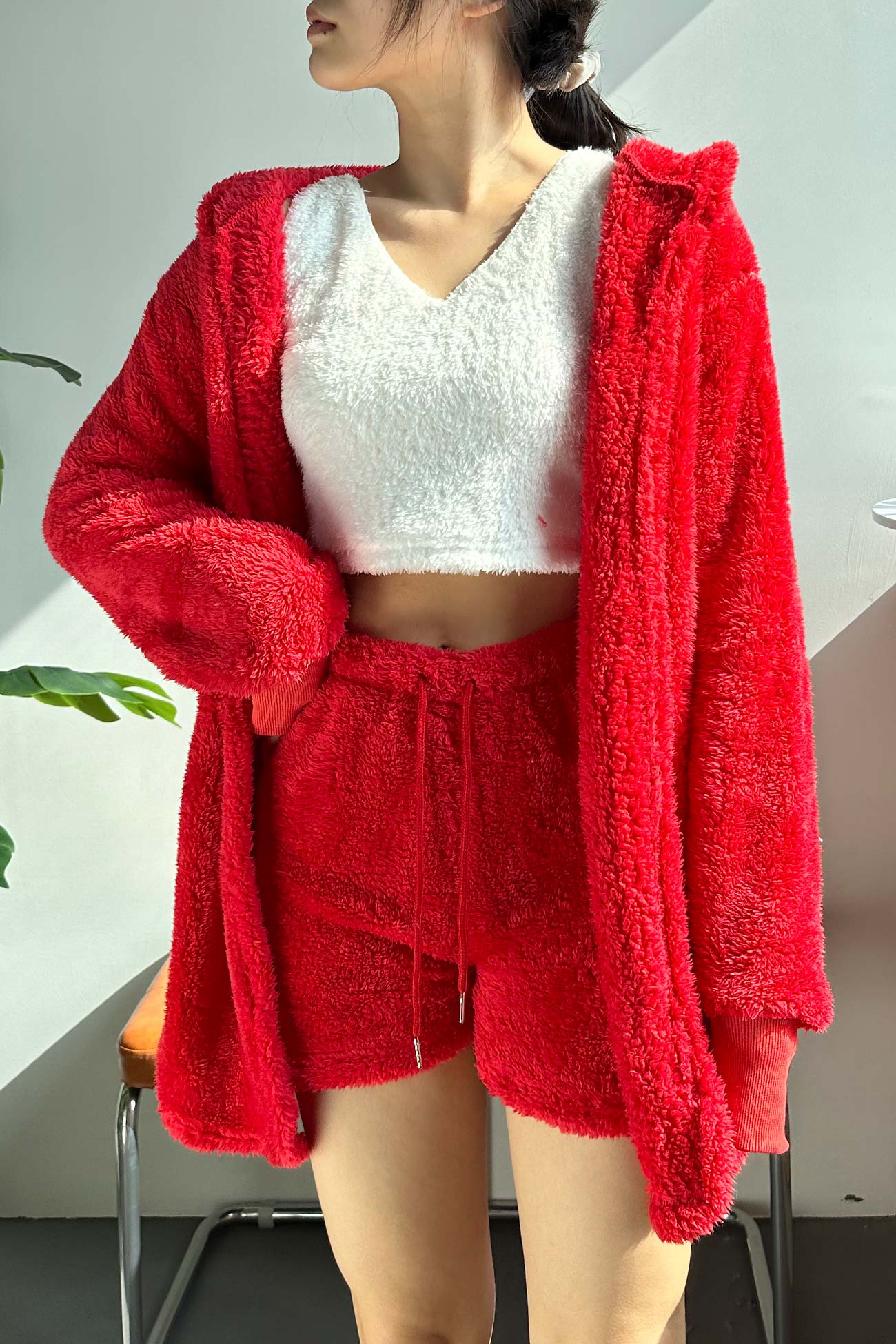 Plush Open-front Hoodie Vest Three Piece Shorts Set