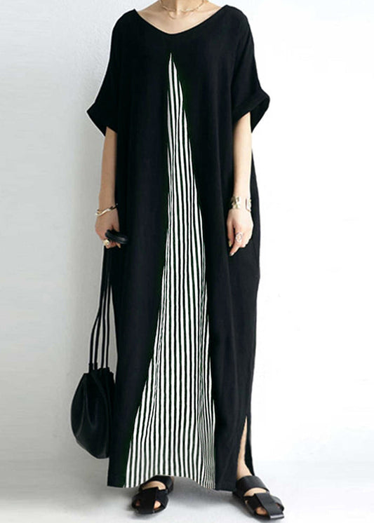 Pocket Short Sleeve Splicing Striped Color Black Maxi Dress Lc0019