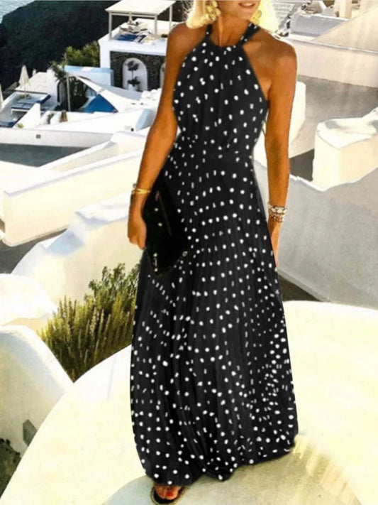 Polka Dot Print Halter Neck Long Dresses Backless Leace-up Sleeveless Pleated Dress Summer Vacation Style Vestidos
