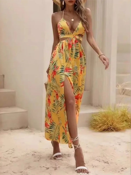 Print Halter Neck Slit Dresses Deep V-neck Hollow Out Backless Bowknot Leace-up Long Dress Female Vestidos