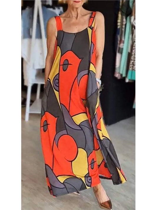 Print Spaghetti Strap Dresses Pocket Loose Long Dress Lady Commuting Clothing Maxi Vestidos Summer New