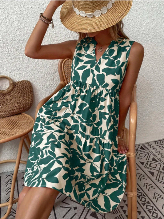 Print V Neck Woman Beach Knee-length Midi Dresses