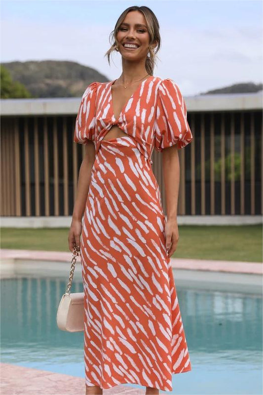 Print Puff Sleeve V-neck Cut-out Slit Midi Dress