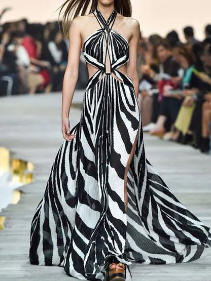 Printed Bandage Backless Maxi Dress