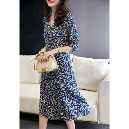 Printed Clear Pear Flower French Style Slimming Mulberry Silk Tea Midi Dresses