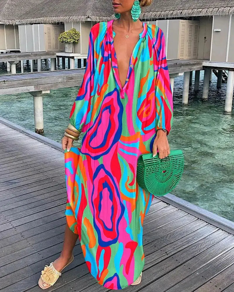 Printed Loose Long Dresses for V-neck Irregular Big Skirt Beachwear Maxi Dress Beach Vacation Vestidos