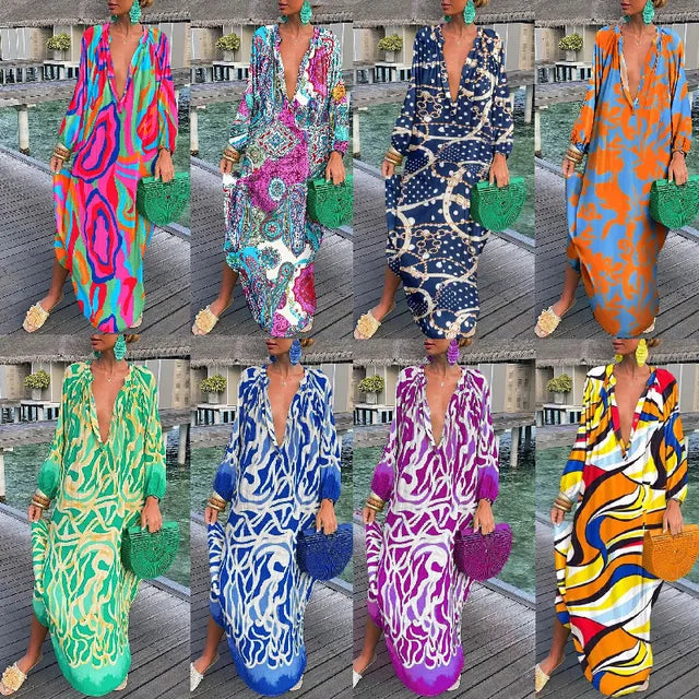 Printed Loose Long Dresses for V-neck Irregular Big Skirt Beachwear Maxi Dress Beach Vacation Vestidos