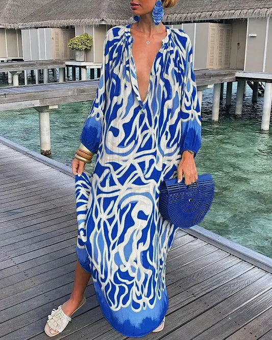 Printed Loose Long Dresses for V-neck Irregular Big Skirt Beachwear Maxi Dress Beach Vacation Vestidos