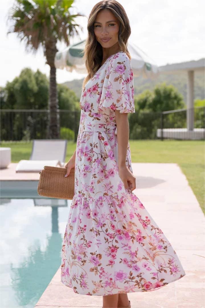 Printed V-neck Waist Short Sleeve Midi Dress