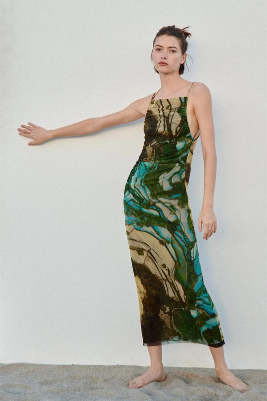 Printed Mesh Cami Midi Dress