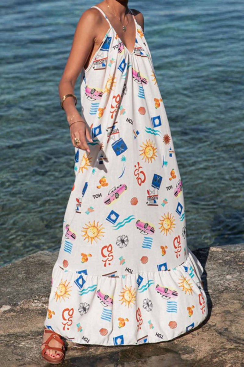 Printed Spaghetti Straps Backless Maxi Dress