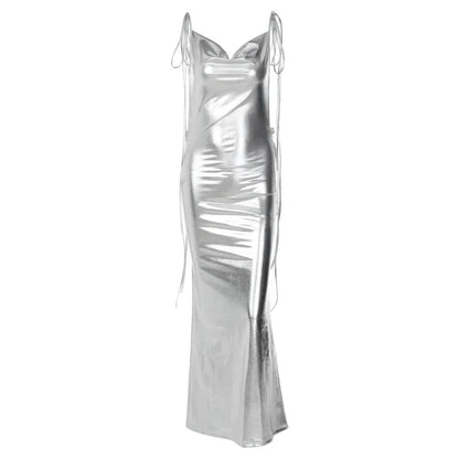 Sleeveless Backless Lace-up Faux Leather Maxi Dress