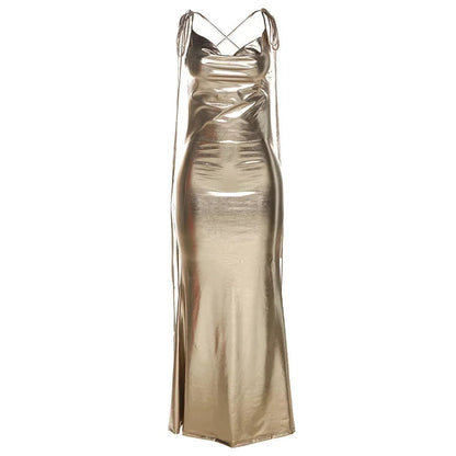 Sleeveless Backless Lace-up Faux Leather Maxi Dress