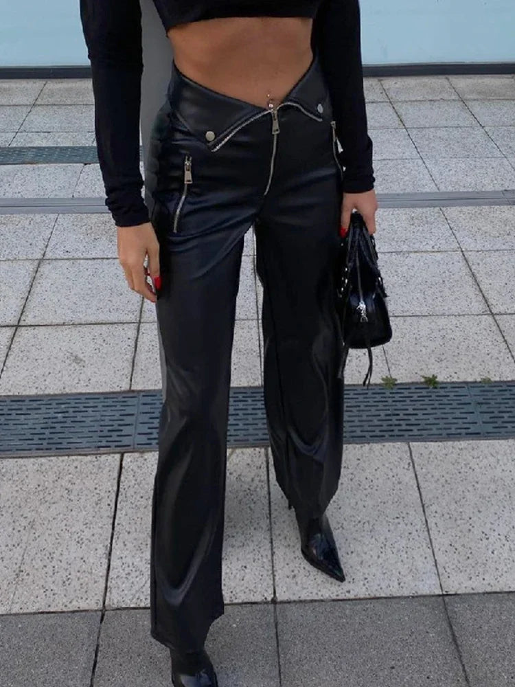 Pu Leather Zipper Soft Straight Leg Y2k High Waist Pants