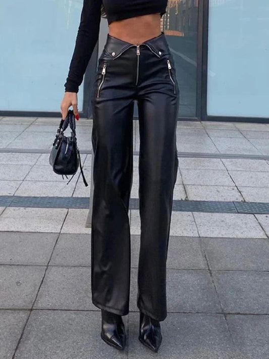 Pu Leather Zipper Soft Straight Leg Y2k High Waist Pants