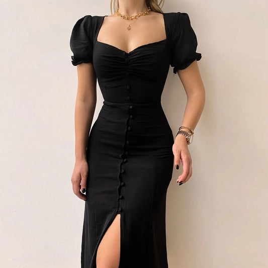 Square Neck A-line Pleated Midi Dress