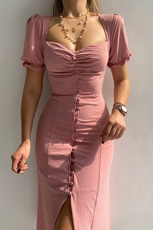 Puff Sleeve Single-breasted Midi Dress