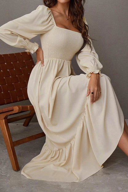 Puff Sleeve Smocked Ruffle Midi Dress