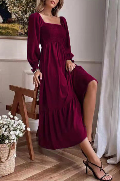 Puff Sleeve Smocked Ruffle Midi Dress
