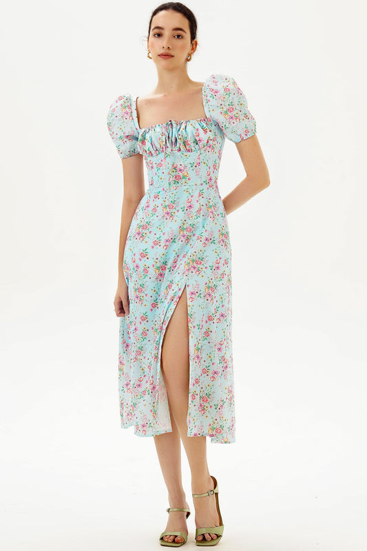 Puff Sleeve Slit Print Midi Dress Blue