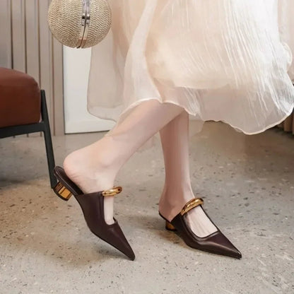 Punk Gothic Metal Buckle Pointed Thick Summer Slippers Platform Shoes Low Heel Pumps