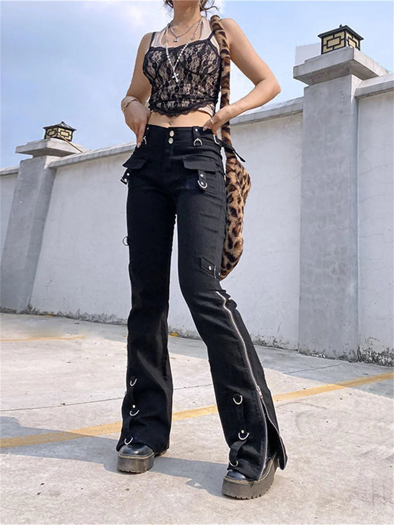 Punk Rivets Zipper Black Cargo Pants Y2k Techwear Leggings Pants